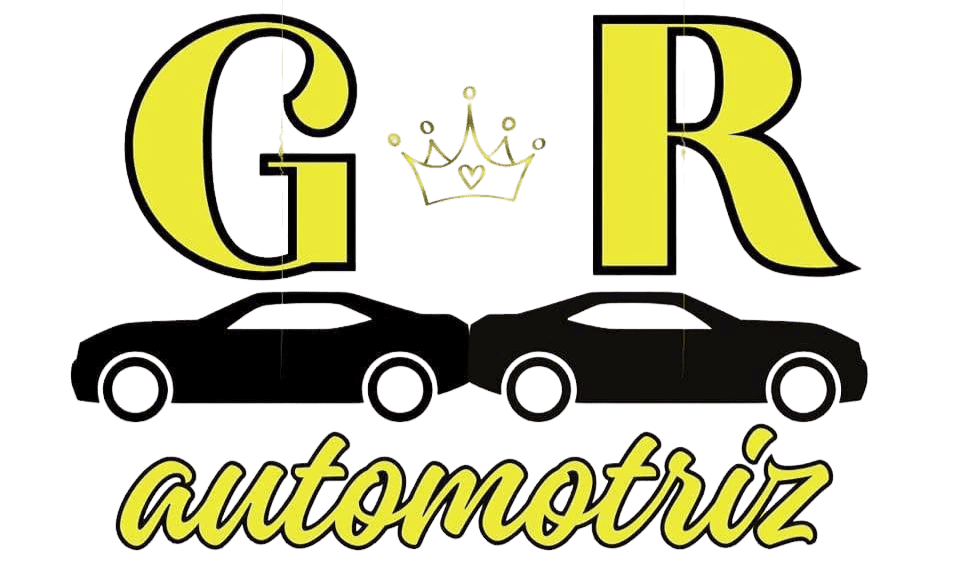 GR automotriz logo, imagen de letras G y R con corona y autos en negro sobre fondo verde.